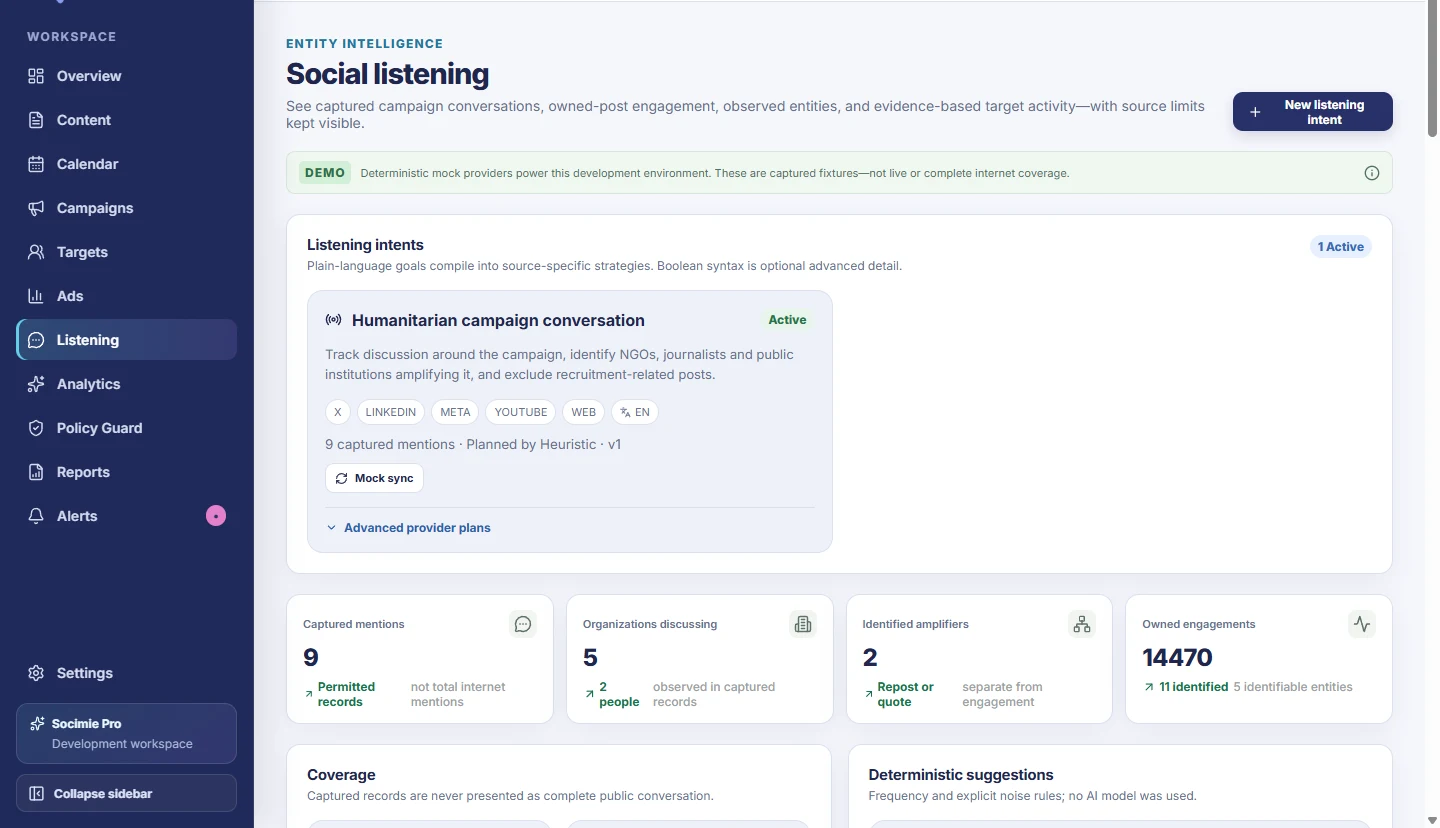 Real Socimie listening view with a natural-language intent, provider plans, captured records and explicit coverage limits